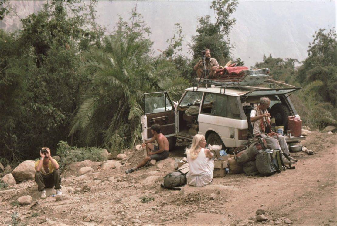 Members of the OSME expedition to Yemen in 1985 some watching birds others resting by their jeep